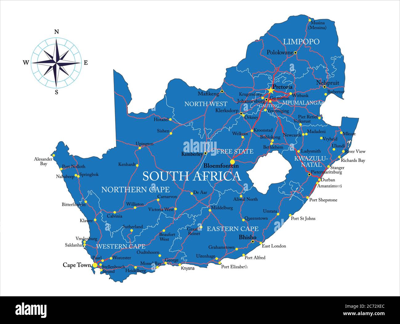 Mappa vettoriale del Sud Africa con regioni amministrative, città principali e strade. Illustrazione Vettoriale