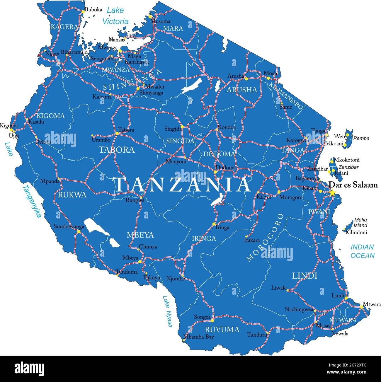 Mappa vettoriale dettagliata della Tanzania con confini nazionali, nomi di contea, strade principali e una silhouette di stato estremamente dettagliata. Illustrazione Vettoriale