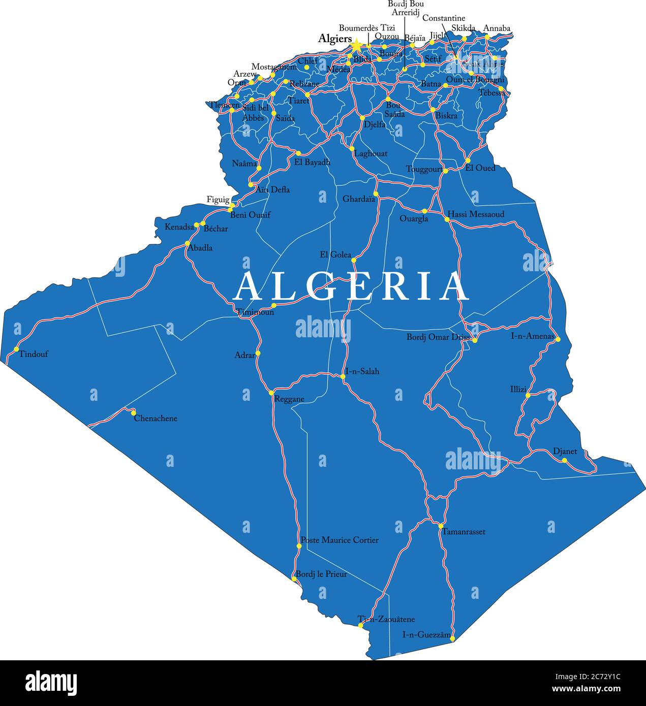 Mappa vettoriale dell'Algeria con regioni amministrative, città principali e strade. Illustrazione Vettoriale