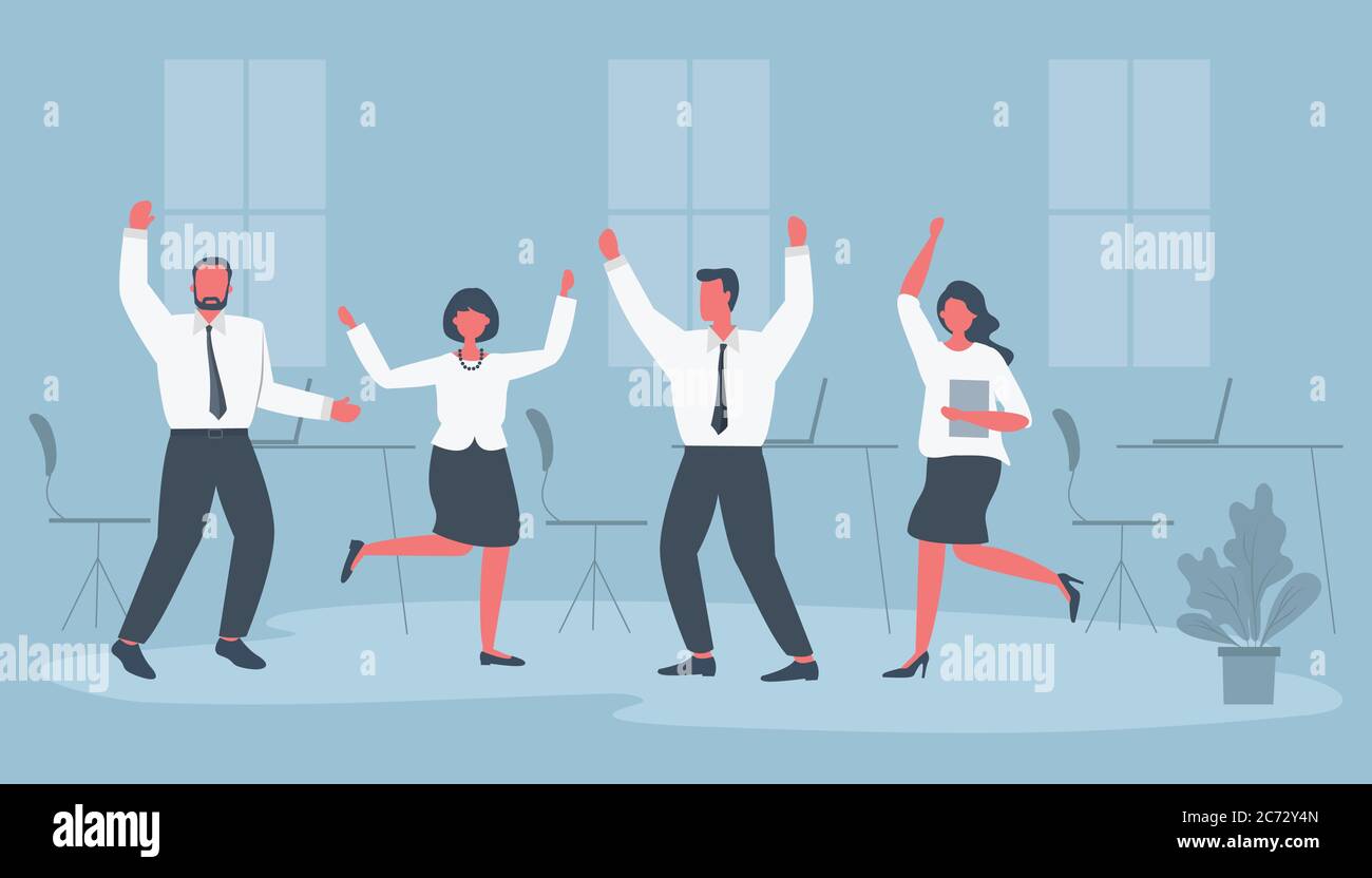 Gli impiegati celebrano la vittoria. I dipendenti felici ballano e saltano. Uomini d'affari nella sala d'ufficio blu. Stile piatto funky. Vettore Illustrazione Vettoriale