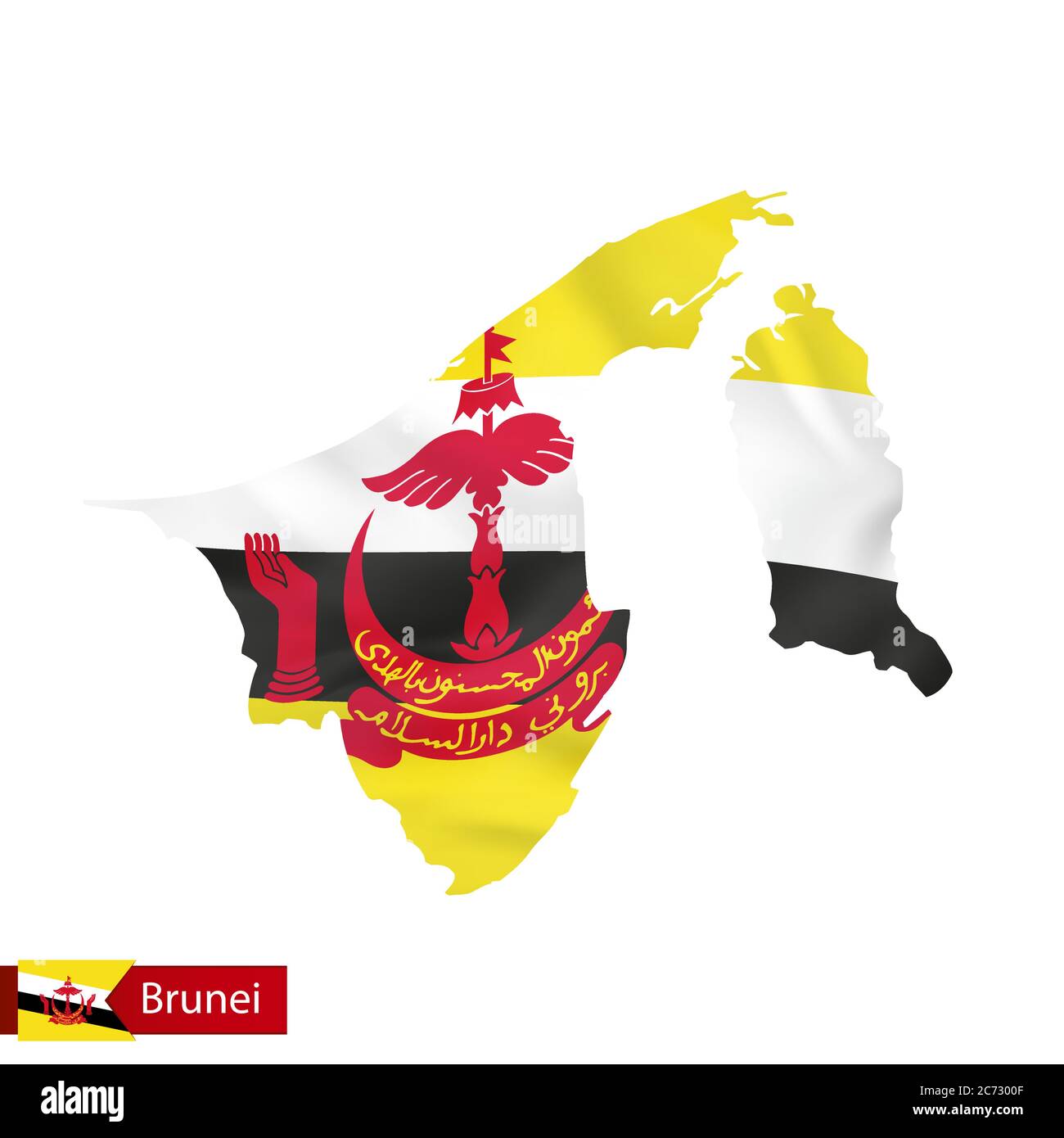 Brunei mappa con bandiera ondulata del paese. Illustrazione vettoriale. Illustrazione Vettoriale