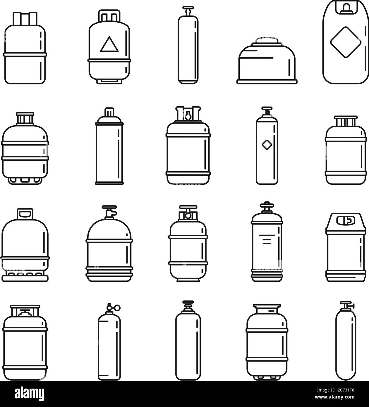 Set di icone per bombole di gas industriali. Contorno insieme di bombole di gas industriali icone vettoriali per il web design isolato su sfondo bianco Illustrazione Vettoriale