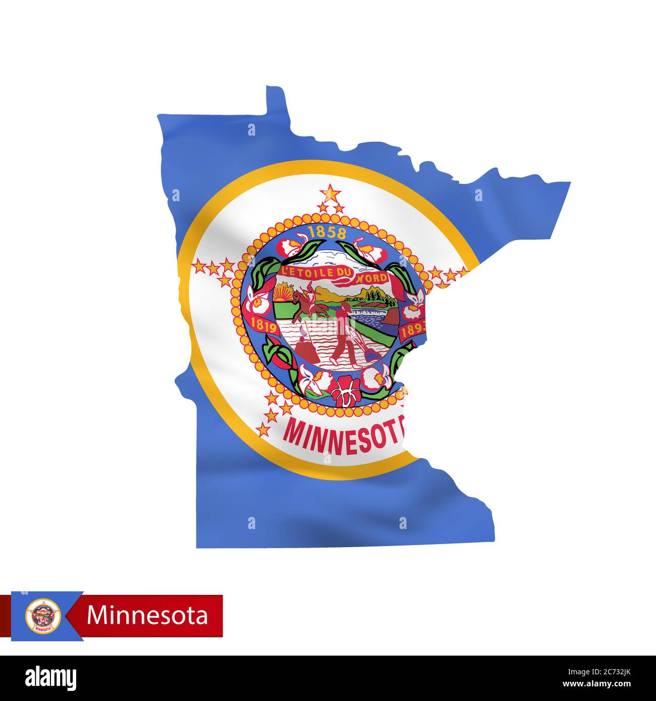 Mappa dello stato del Minnesota con bandiera ondulata dello stato degli Stati Uniti. Illustrazione vettoriale. Illustrazione Vettoriale