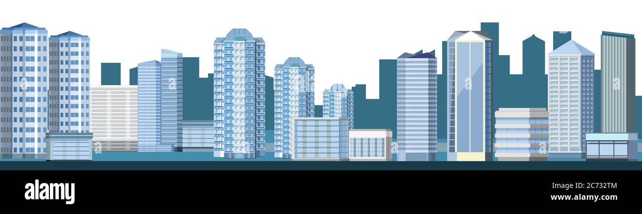 Immagine astratta di una città moderna. Alti edifici residenziali con appartamenti confortevoli e confortevoli centri d'affari. Sfondo. ISOL Illustrazione Vettoriale