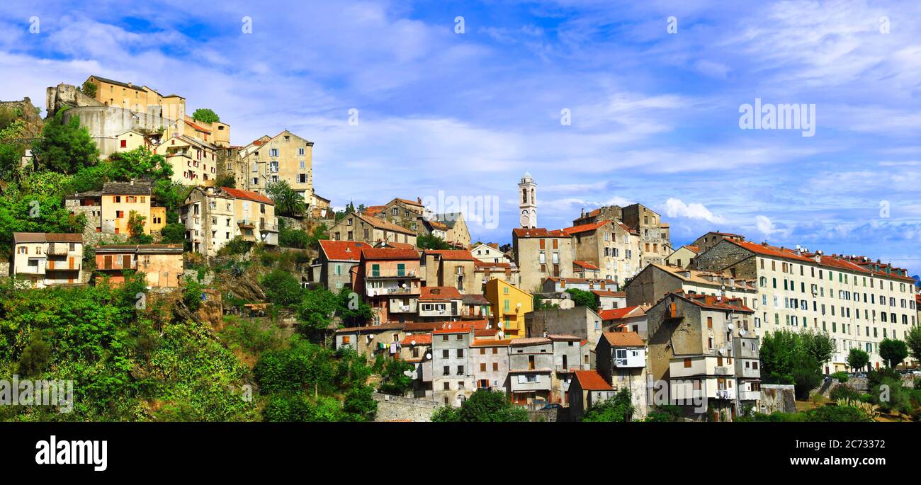 Corsica isola viaggio, luoghi belli. Corte - antico borgo medievale. Francia Foto Stock