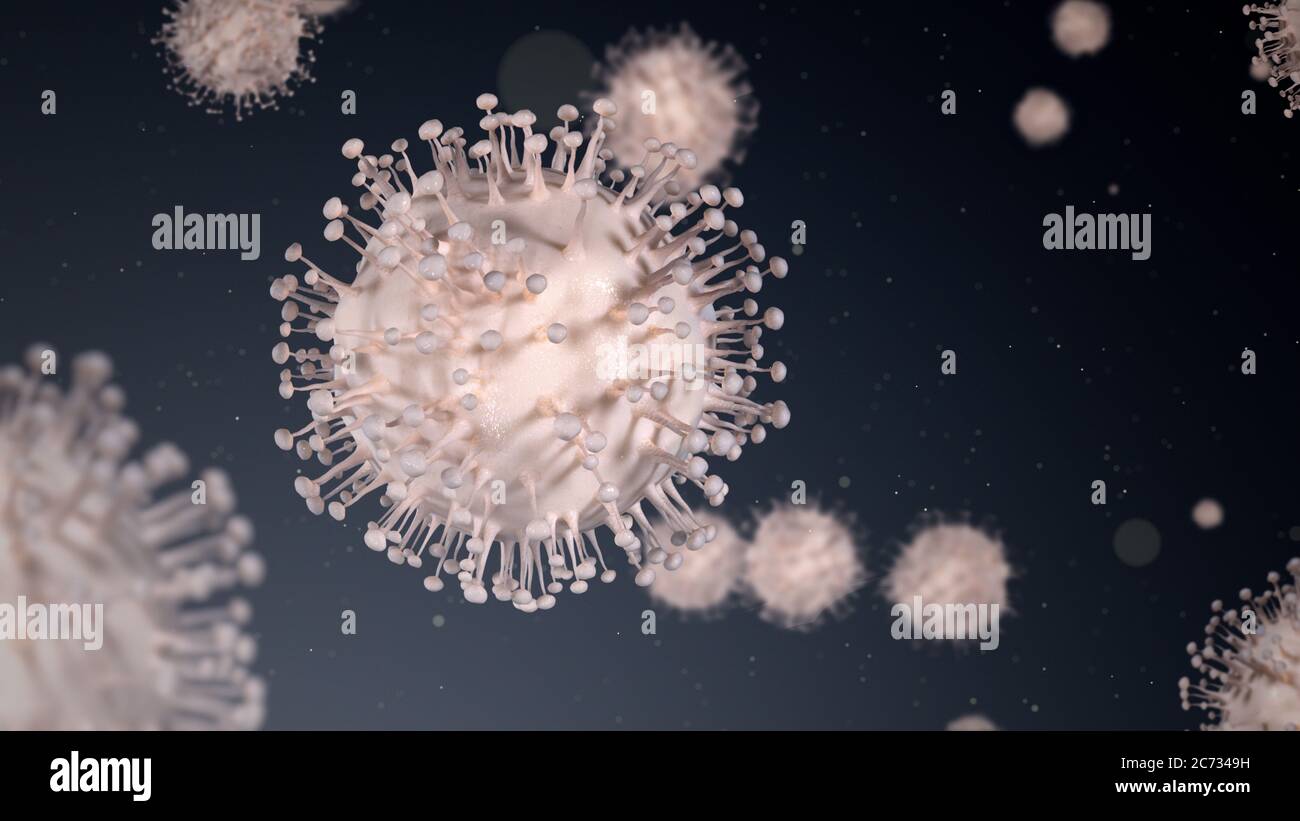 Cellule del virus. Coronavirus Covid-19 epidemia pandemia, microscopici virus primo piano. rendering 3d Foto Stock