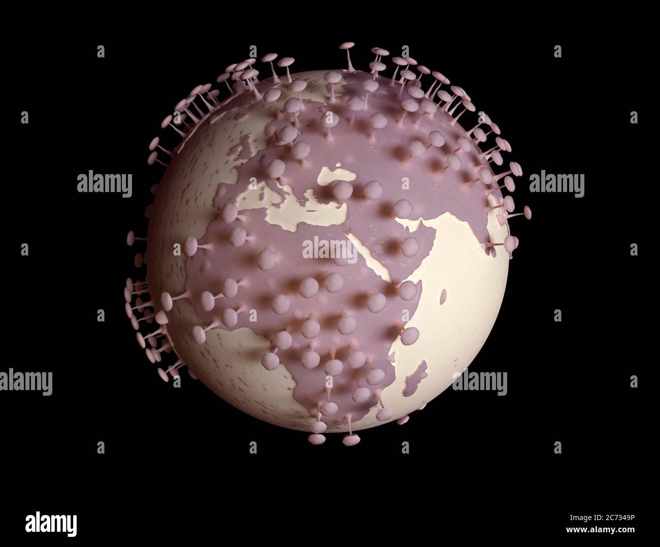 Il pianeta terra si trasforma in virus su sfondo nero isolato. Illustrazione 3d per il virus corona o COVID-19 attaccare il mondo. Foto Stock