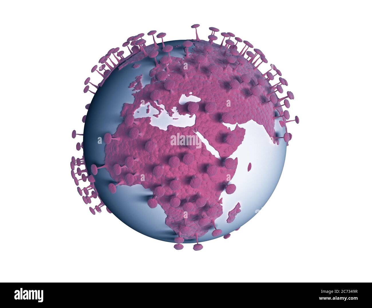 Il pianeta terra si trasforma in virus su sfondo bianco isolato. Illustrazione 3d per il virus corona o COVID-19 attaccare il mondo. Foto Stock