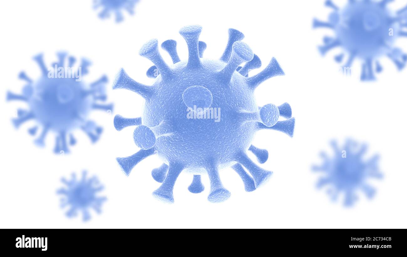 Gruppo di cellule del virus. Illustrazione 3D delle cellule di Coronavirus isolate su sfondo bianco Foto Stock