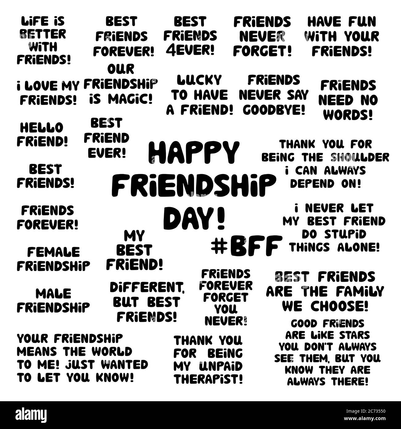 Insieme di citazioni sull'amicizia. Cute scritta bauble disegnata a mano. Isolato su bianco. Illustrazione di stock vettoriale. Illustrazione Vettoriale