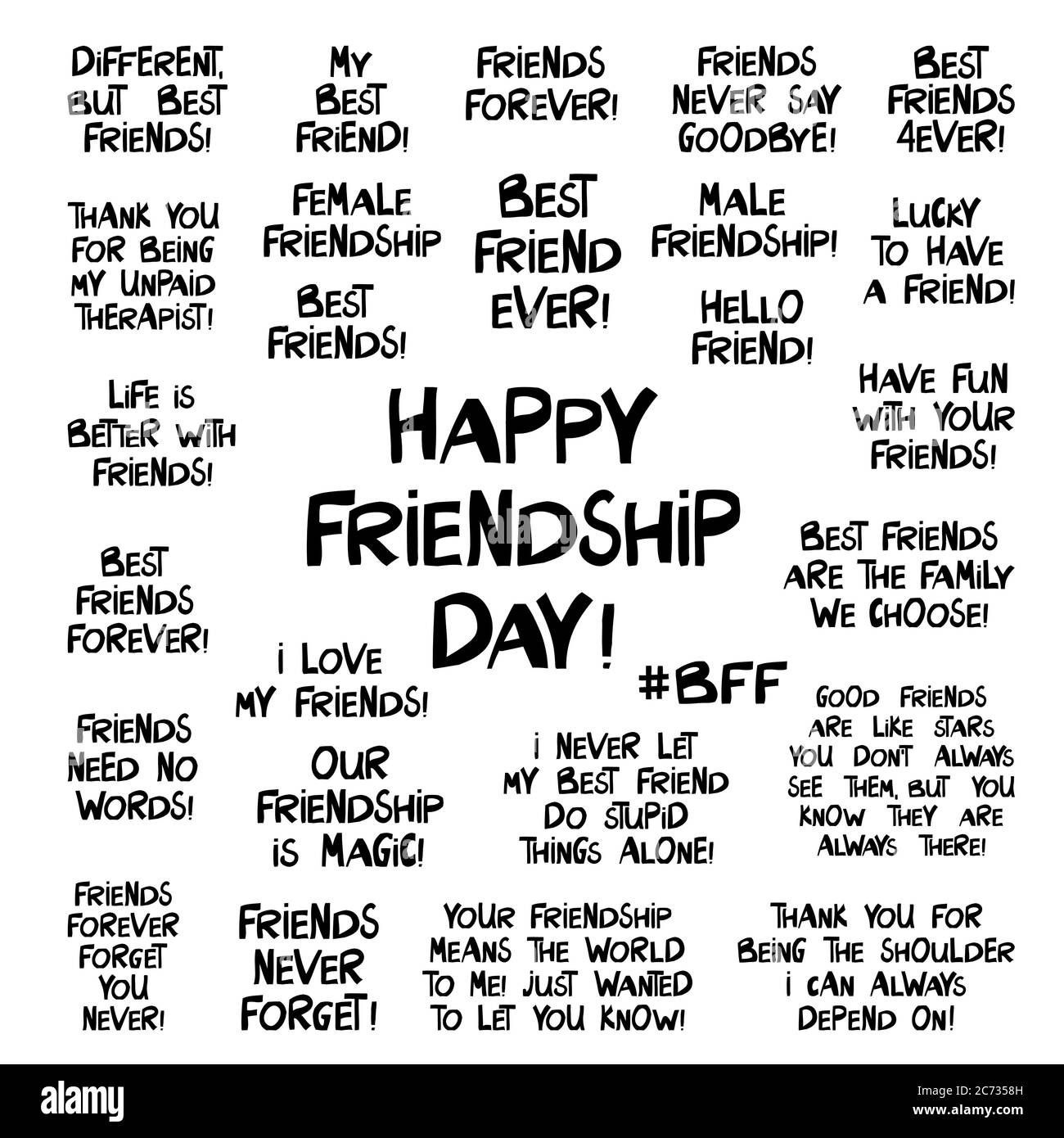 Insieme di citazioni circa amicizia. Scritte in moderno stile scandinavo. Isolato su sfondo bianco. Illustrazione del vettore. Illustrazione Vettoriale