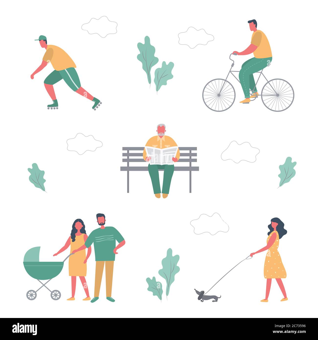 Attività estive nel parco. Uomini e donne riposano: Andare in bicicletta, pattinare, camminare con un passeggino, leggere un giornale, camminare con un cane Illustrazione Vettoriale