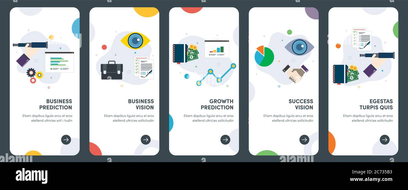 Set di icone di progettazione piatta concettuale per previsione, visione, crescita, successo, lavoro di squadra, meeting. UX, UI Vector template kit per web design, applicazioni, Illustrazione Vettoriale