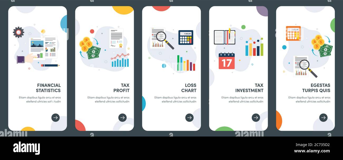 Set di icone di progettazione piatta concettuale per attività finanziarie, fiscali, di investimento, di profitto, di perdita, di analisi. UX, UI Vector template kit per web design, applicazioni, mobi Illustrazione Vettoriale