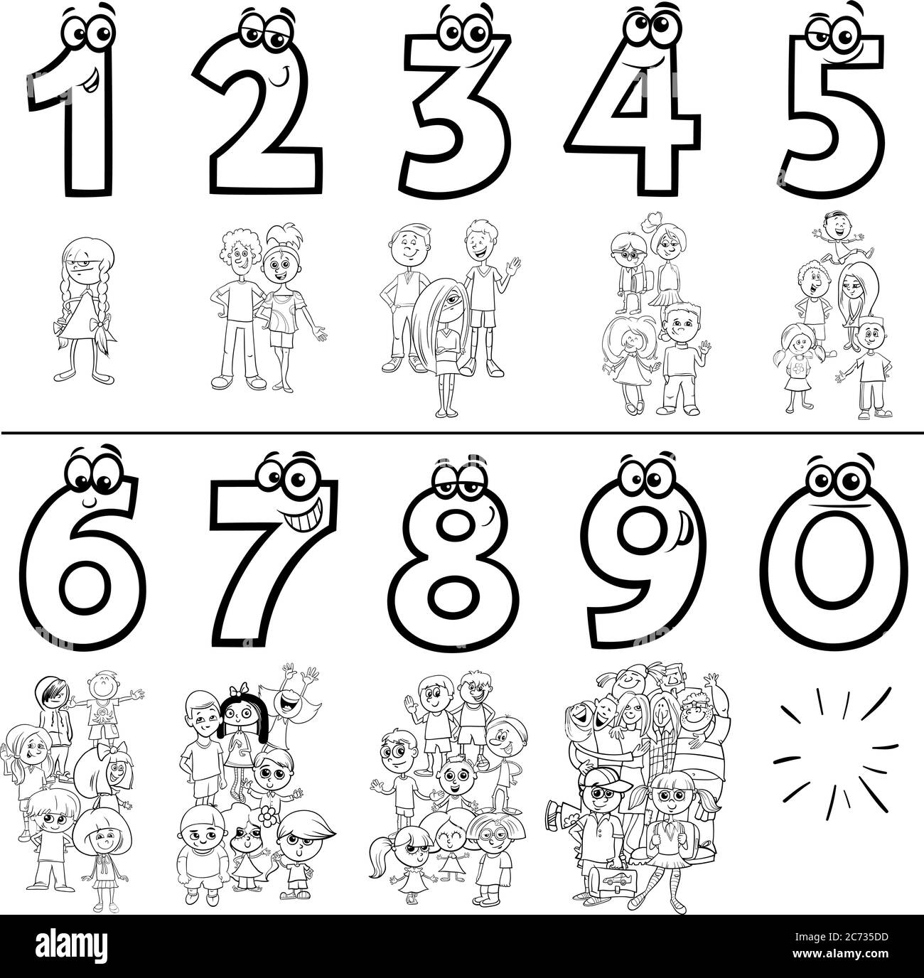 Cartoon bianco e nero Illustrazione di numeri educativi impostati da uno a nove con i caratteri bambini e adolescenti colorare pagina del libro Illustrazione Vettoriale