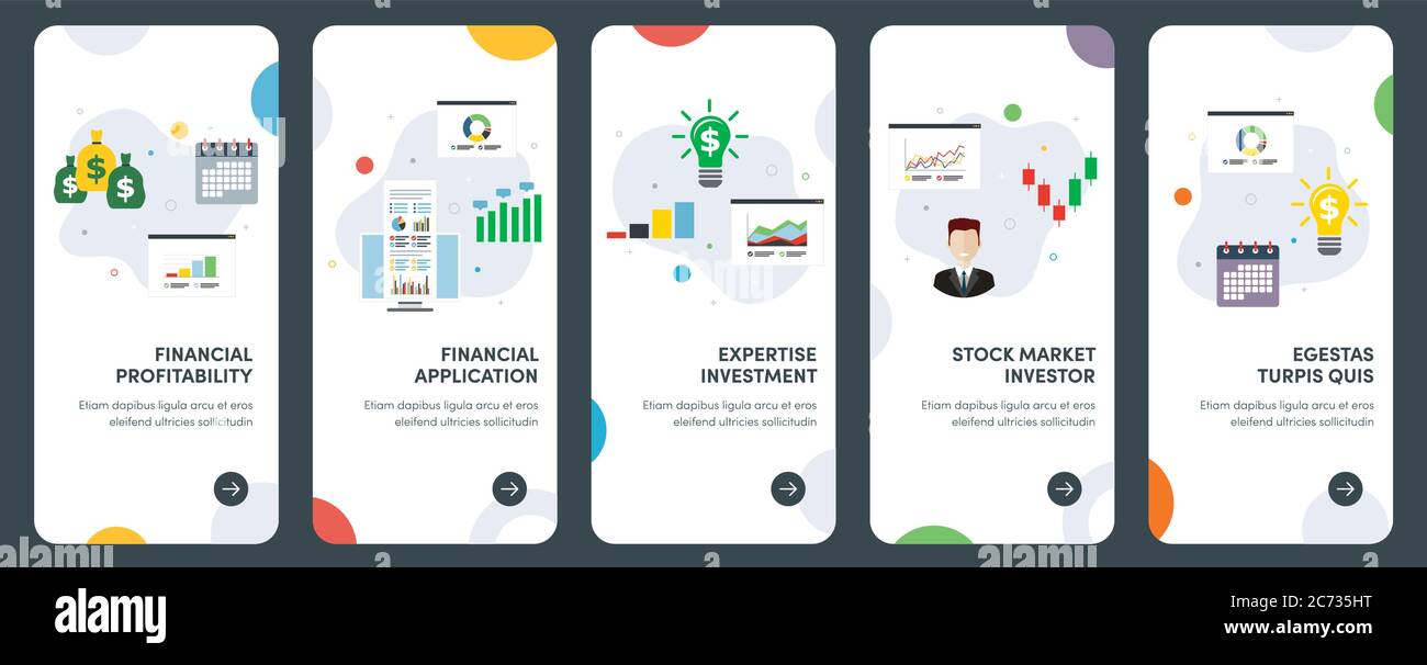 Set di icone di progettazione piatta concettuale per redditività, finanziaria, investimenti, investitori. UX, UI Vector template kit per web design, applicazioni, mobile i Illustrazione Vettoriale