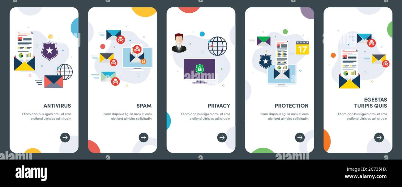 Set di icone concettuali a design piatto per antivirus, protezione, sicurezza, e-mail. UX, UI Vector template kit per web design, applicazioni, interfaccia mobile Illustrazione Vettoriale