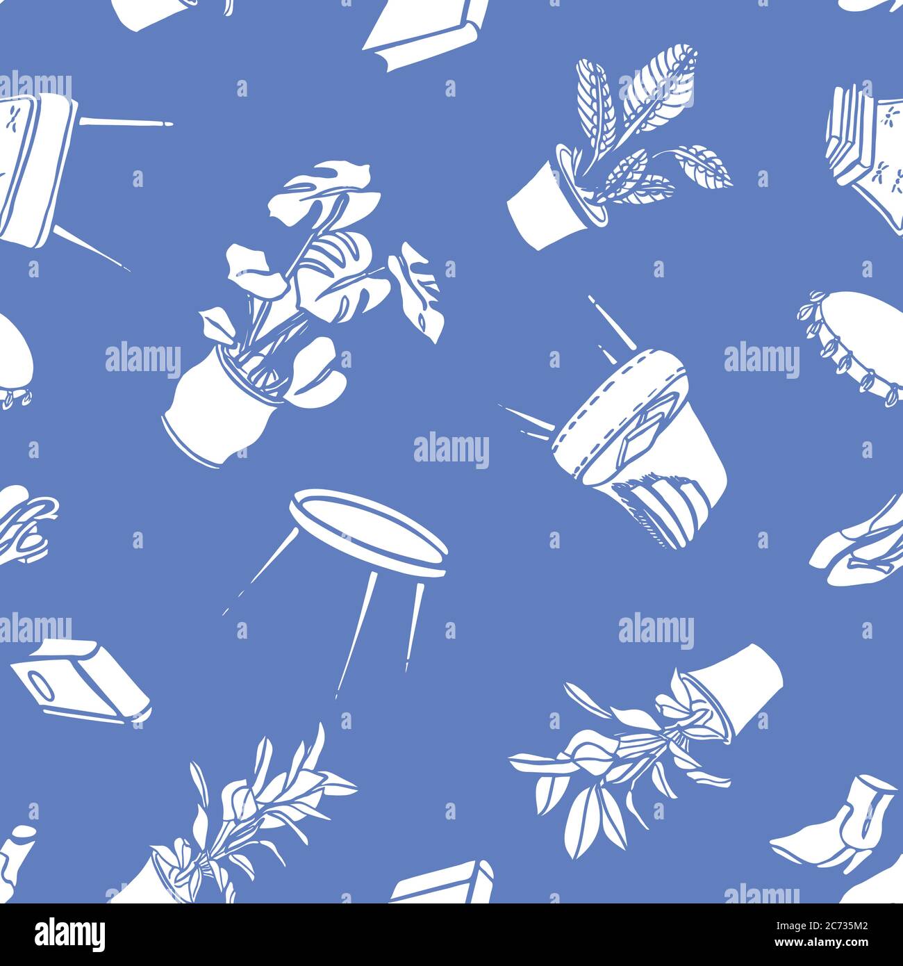 Modello Vector Lifestyle vintage hygge senza cuciture. Carino design monocromatico tagliato stile doodle. Biglietto d'auguri, disegnato a mano, stile cartone animato accogliente. Design moderno del pennello su sfondo blu elementi vettoriali isolati. Illustrazione Vettoriale