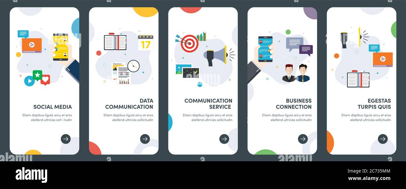 Set di icone di design piatto per social media, comunicazione, connessione, message.UX, UI Vector template kit per web design, applicazioni, dispositivi mobili Illustrazione Vettoriale