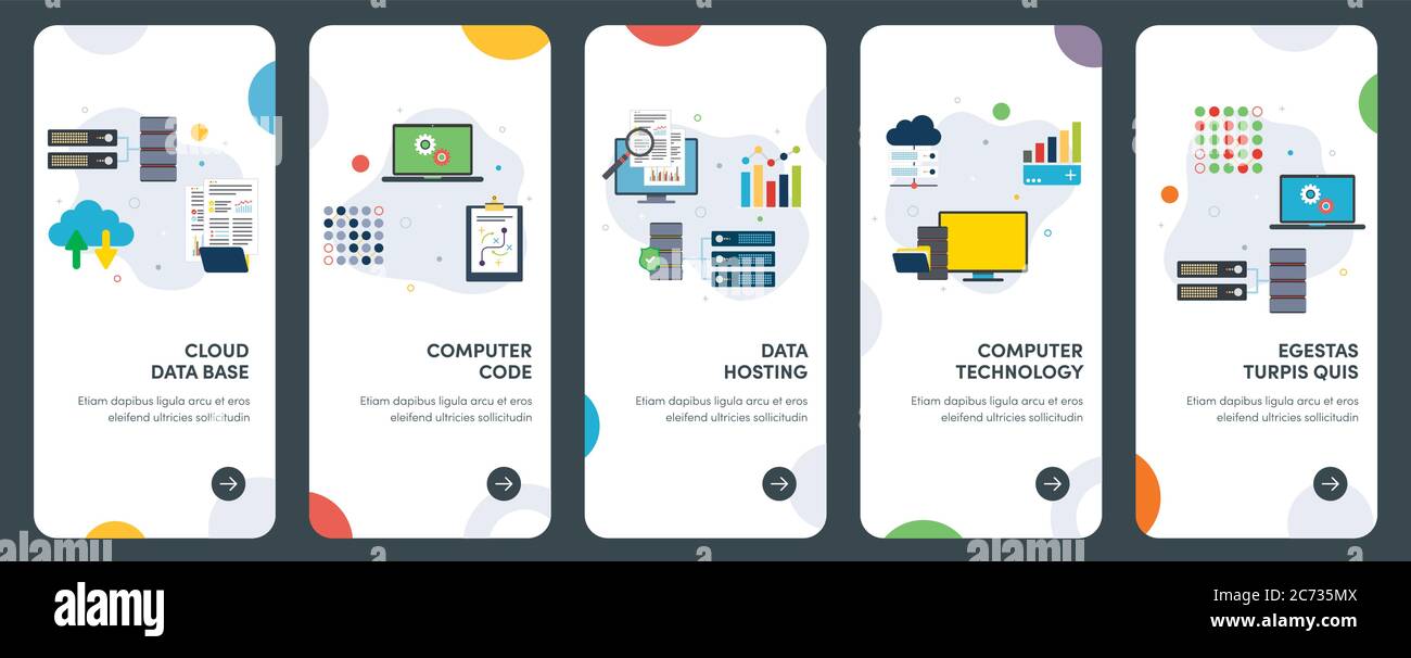 Set di icone di progettazione piatta concettuale per computer, tecnologia, codice, cloud di dati. UX, UI Vector template kit per web design, applicazioni, interfaccia mobile Illustrazione Vettoriale