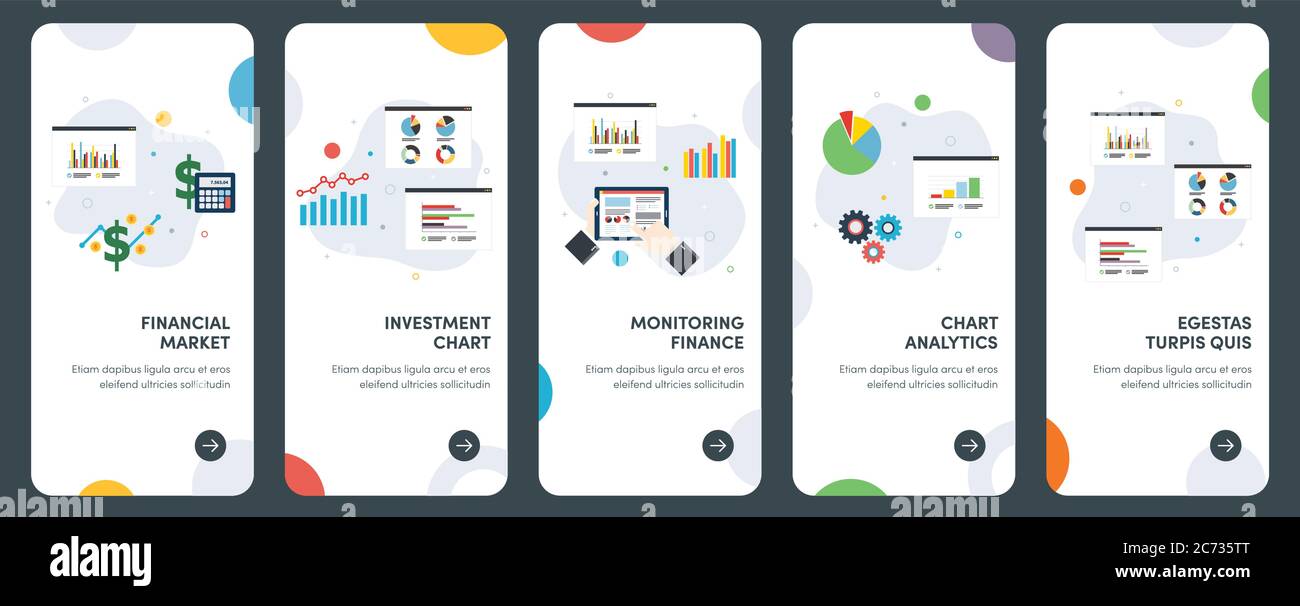 Set di icone di progettazione piatta concettuale per investimenti, grafici, finanziari, di mercato, finanziari, di crescita. UX, kit template vettoriale UI per web design, applicazioni, m Illustrazione Vettoriale