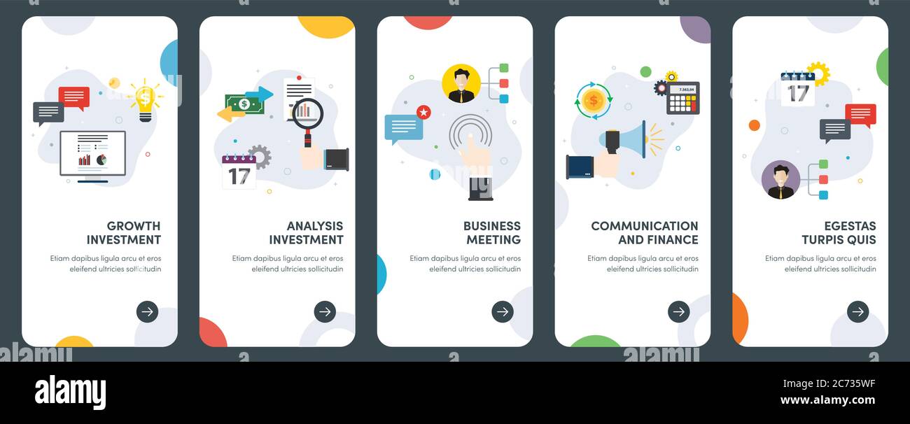 Insieme di icone di progettazione piatta di concetto di crescita, investimenti, finanza, business e meeting. UX, UI Vector template kit per web design, applicazioni, mobile Illustrazione Vettoriale