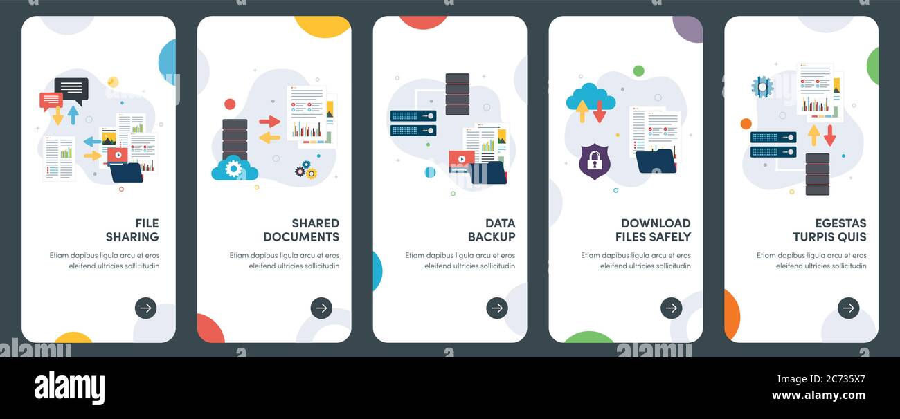 Set di icone di progettazione piatta concettuale per backup, condivisione, database, sicurezza, file e documenti. UX, UI Vector template kit per web design, applicazioni, MOB Illustrazione Vettoriale