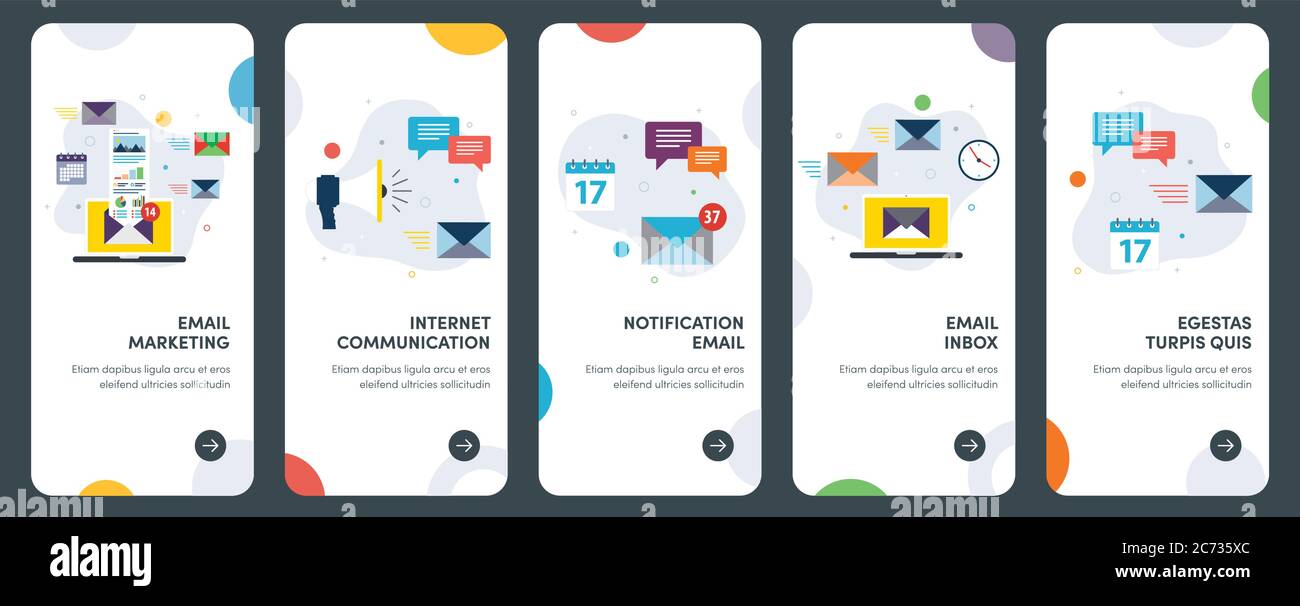 Set di icone di design piatto per e-mail, marketing, messaggi e comunicazioni. UX, UI Vector template kit per web design, applicazioni, mobile in Illustrazione Vettoriale