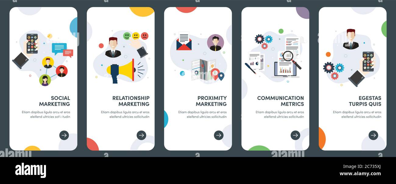 Set di icone di design piatto per il marketing, la comunicazione, i social media e le metriche. UX, UI Vector template kit per web design, applicazioni, mobi Illustrazione Vettoriale