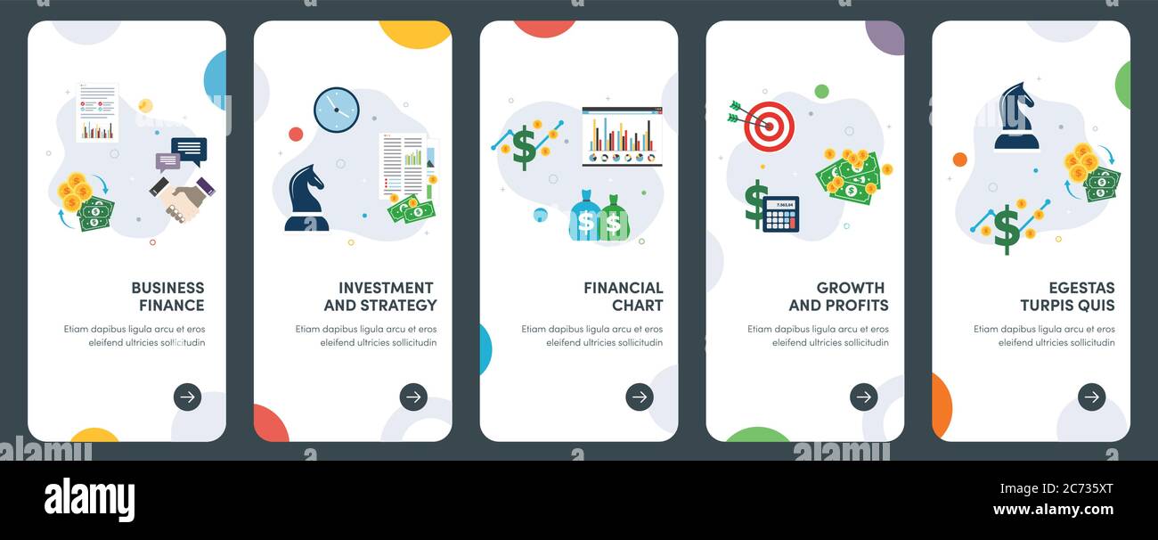 Insieme di icone di progettazione piatta di concetto di business, finanza, investimenti, strategia e crescita. UX, UI Vector template kit per web design, applicazioni, mobil Illustrazione Vettoriale
