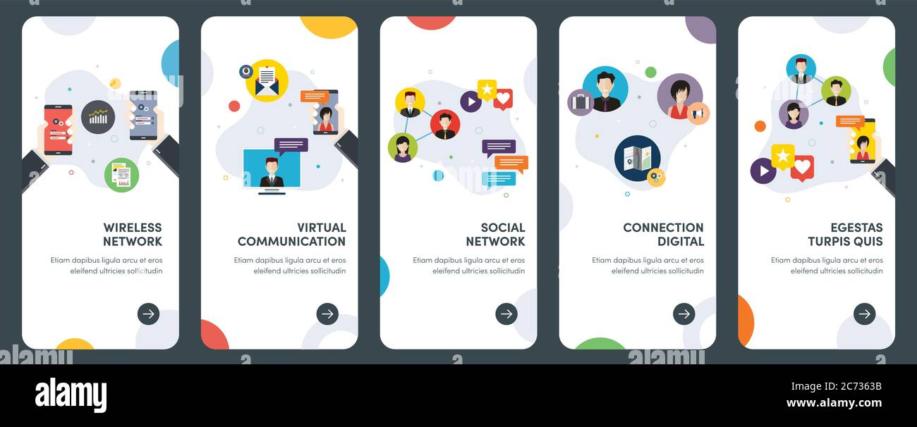 Set di icone di design piatto per comunicazione, rete, connessione, wireless, virtuale. UX, kit template vettoriale UI per web design, applicazioni, m Illustrazione Vettoriale