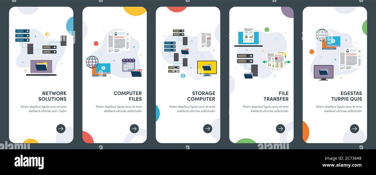Set di icone di progettazione piatta concettuale per rete, soluzioni, computer, file, storage. UX, UI Vector template kit per web design, applicazioni, mobile te Illustrazione Vettoriale