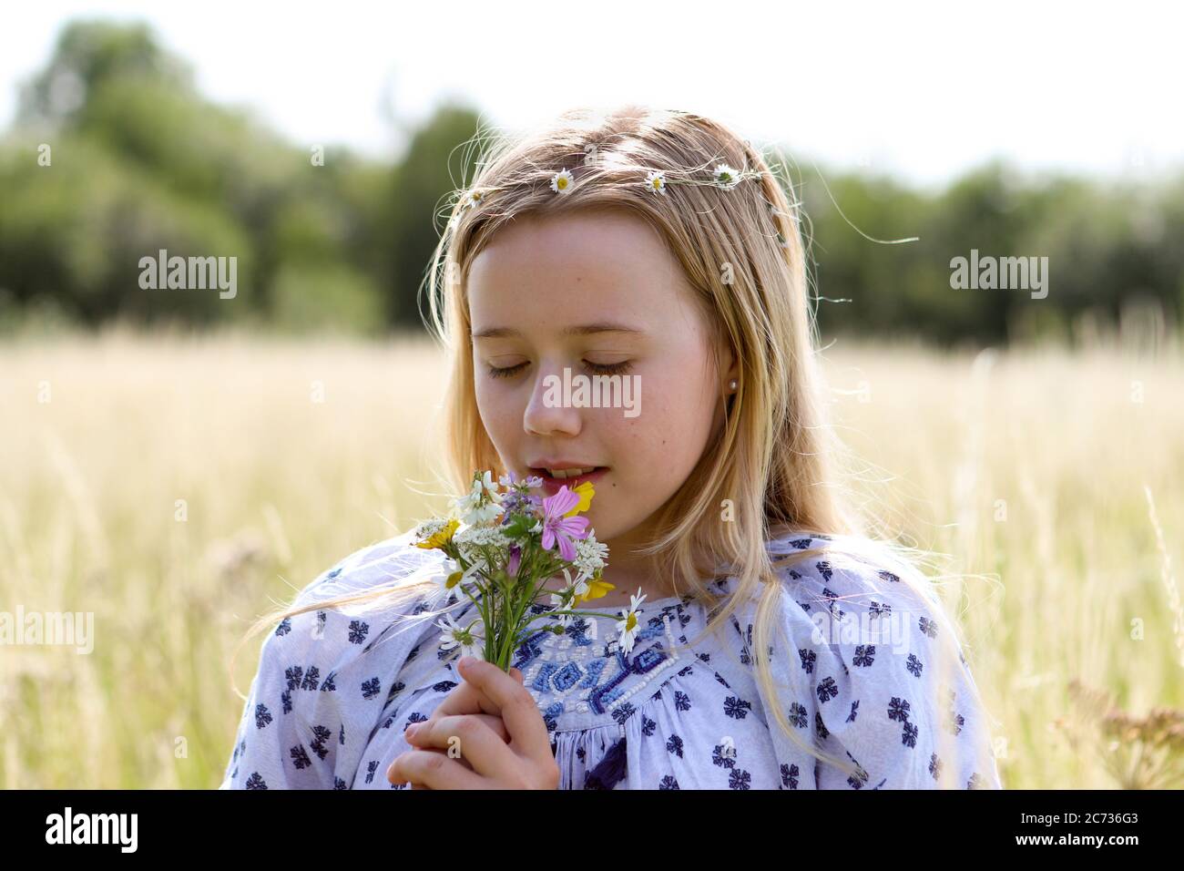 Una giovane ragazza hippy graziosa con catena daisy nei suoi capelli biondi tiene un poy dei fiori selvatici nel sole in un campo di pascolo in estate. Foto Stock