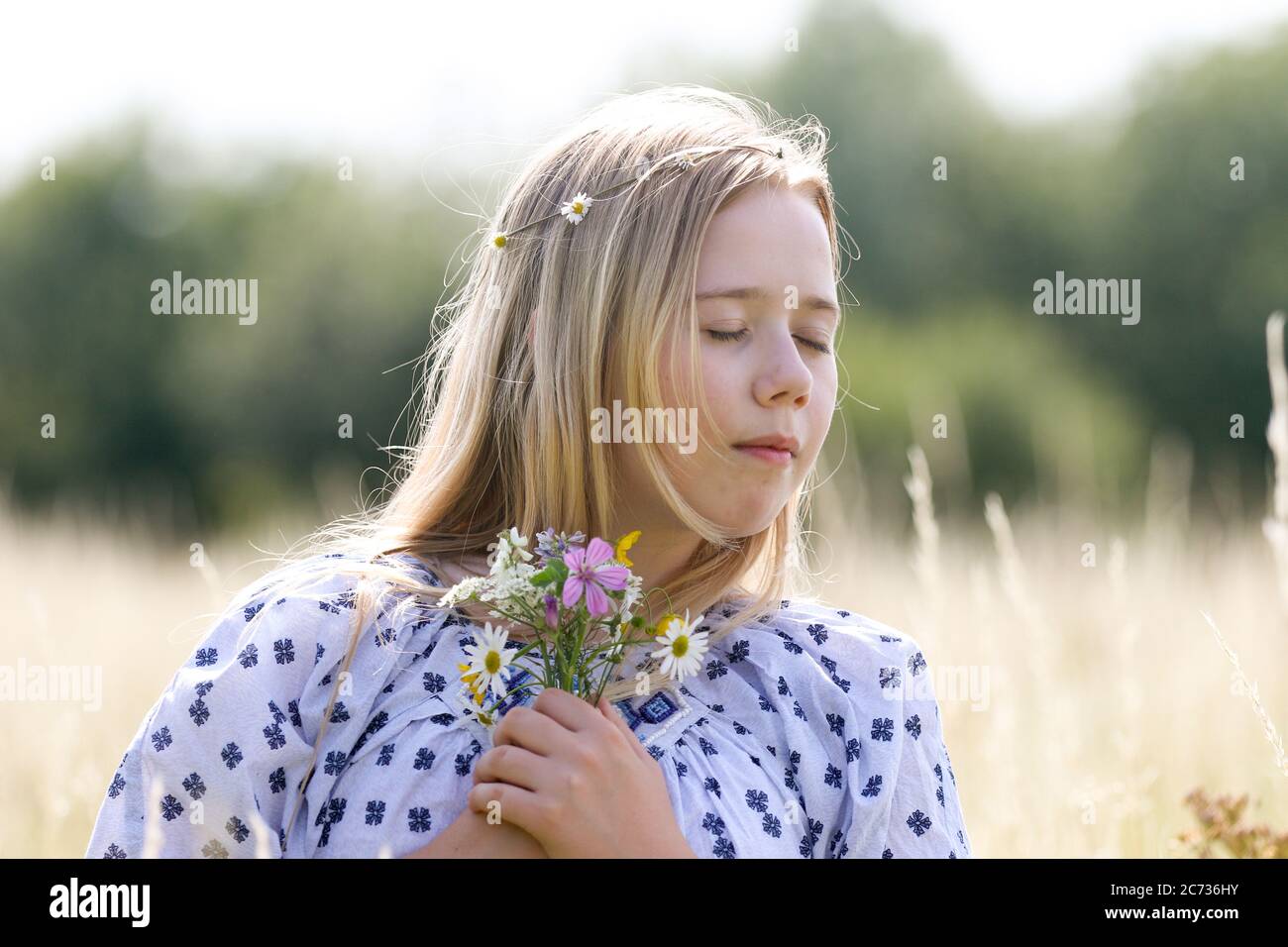 Una giovane ragazza hippy graziosa con una catena a margherita nei suoi capelli biondi tiene un poy dei fiori selvatici nel sole in un campo di pascolo in estate. Foto Stock