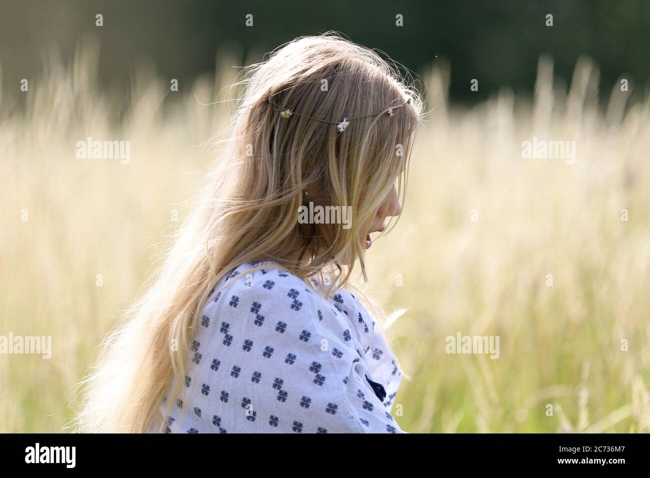 Una giovane ragazza hippy graziosa con una catena a margherita nei suoi capelli biondi cammina nell'erba lunga nel sole in un campo di pascolo in estate. Foto Stock