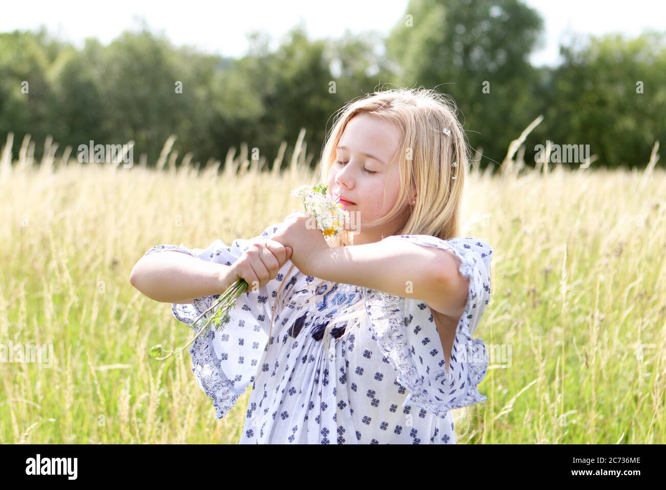 Una giovane ragazza hippy graziosa con catena daisy nei suoi capelli biondi tiene un poy dei fiori selvatici nel sole in un campo di pascolo in estate. Foto Stock