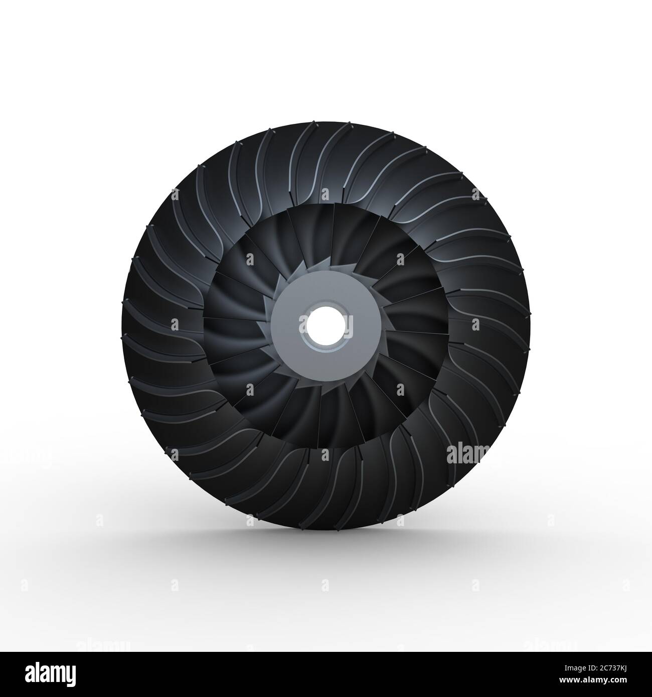 Componente della girante di colore nero per il turbocompressore su sfondo bianco Foto Stock