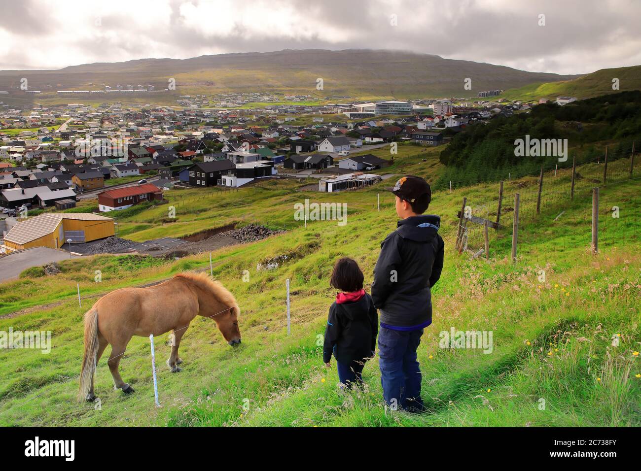 Bambini che guardano il cavallo su una pendenza d'erba con il centro della città di Torshavn in background.Torshavn.Streymoy. Isole Faroe. Territorio della Danimarca Foto Stock