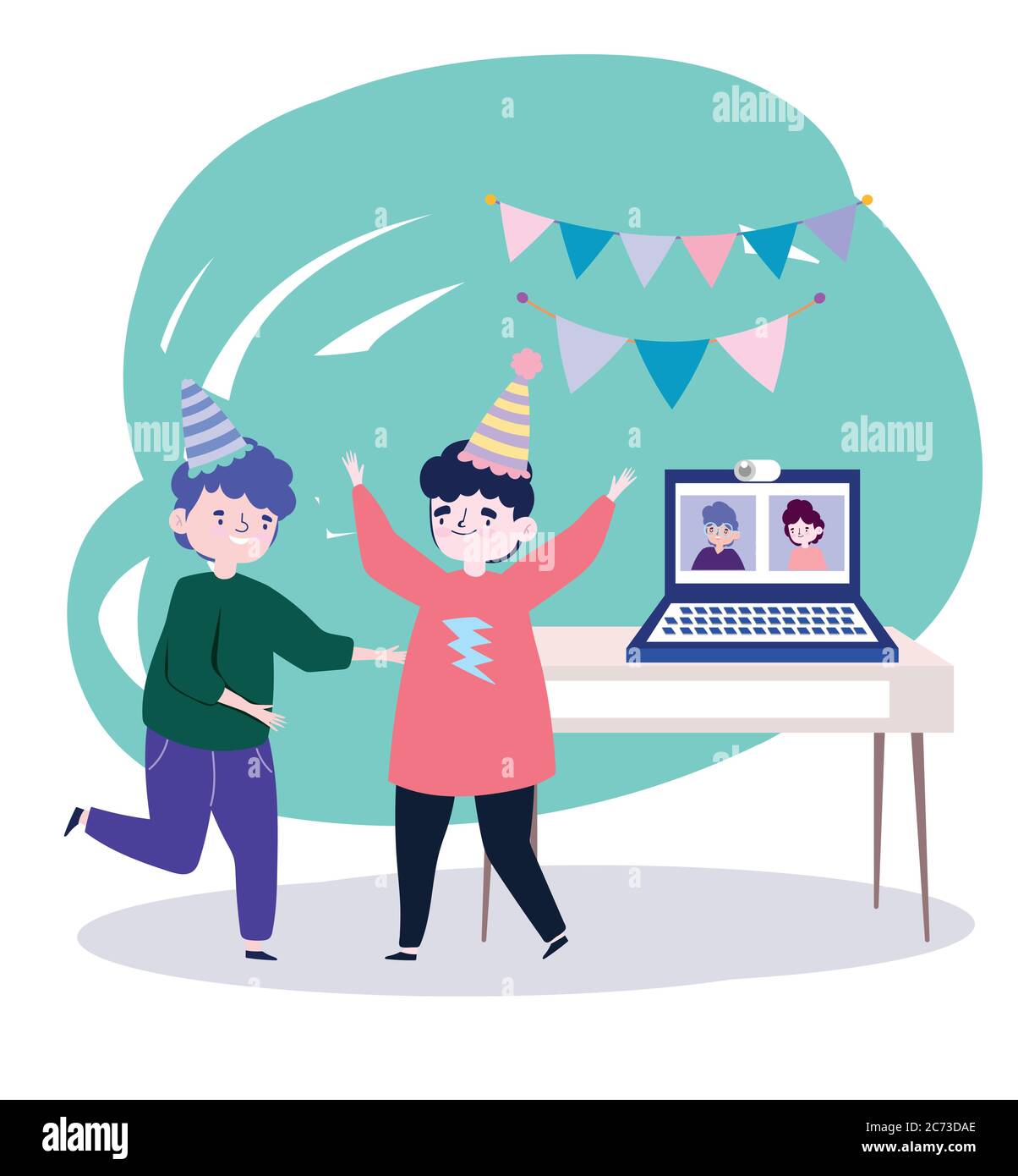 festa online, incontro con amici, giovani con cappelli e persone su laptop connessi celebrando l'illustrazione vettoriale Illustrazione Vettoriale