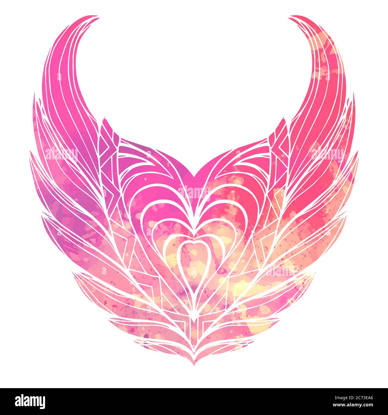 Wings.Object vintage disegnato a mano con motivo a poodle e sfondo rosa acquerello. Elemento vettoriale per schizzo del tatuaggio, stampa su T-shirt, cartoline Illustrazione Vettoriale