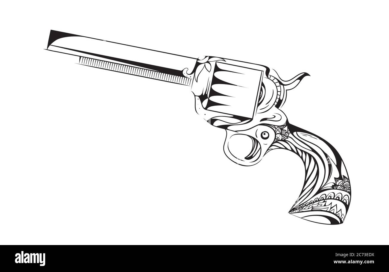 Revolver disegnato a mano con pattern boho. Elemento vintage vettoriale per il disegno del tatuaggio stampato su una T-shirt, cartoline e la tua creatività Illustrazione Vettoriale