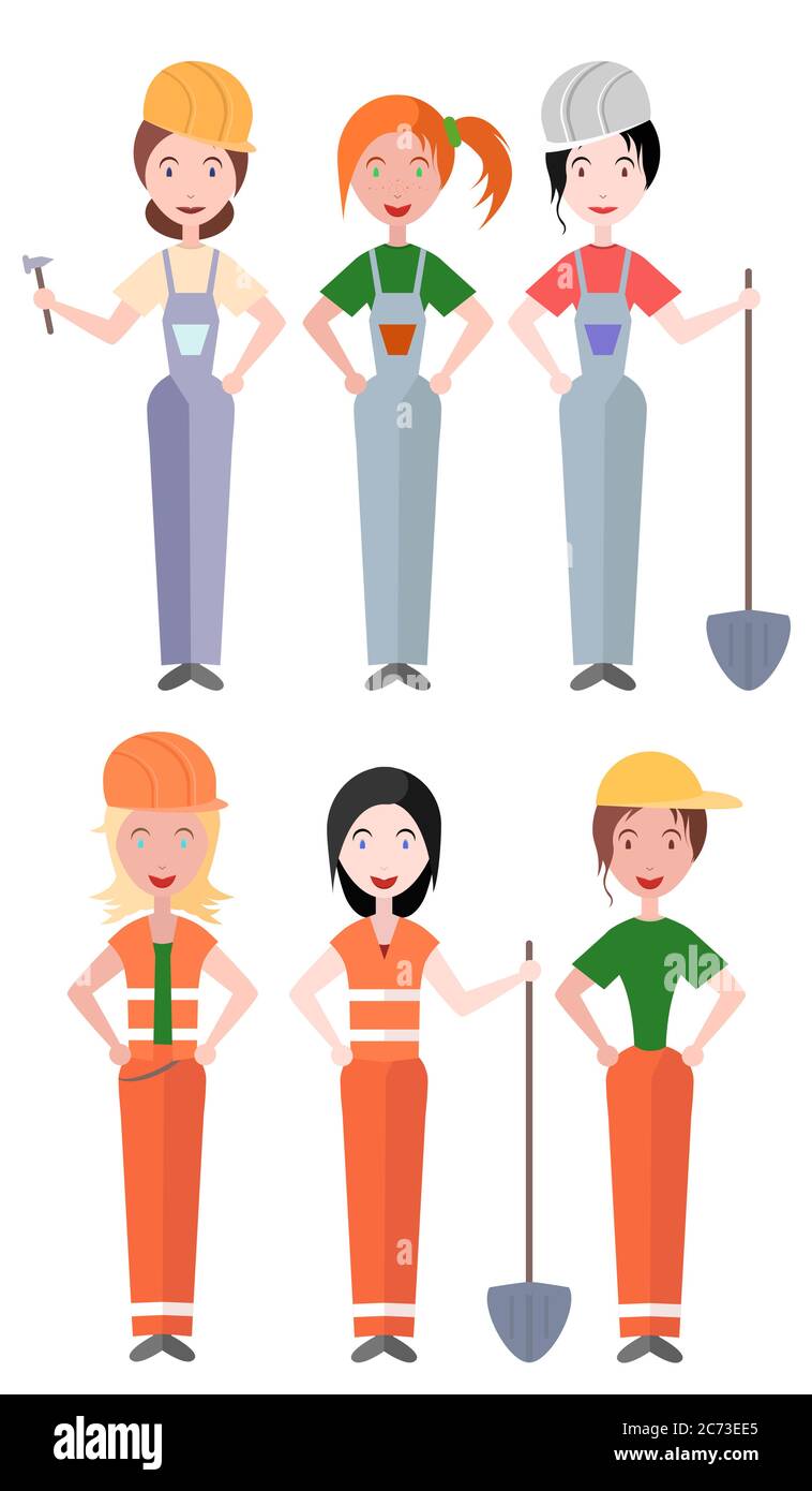 Set di illustrazioni vettoriali piatte donne lavoratori e costruttori. Elementi per il tuo design e infografica Illustrazione Vettoriale