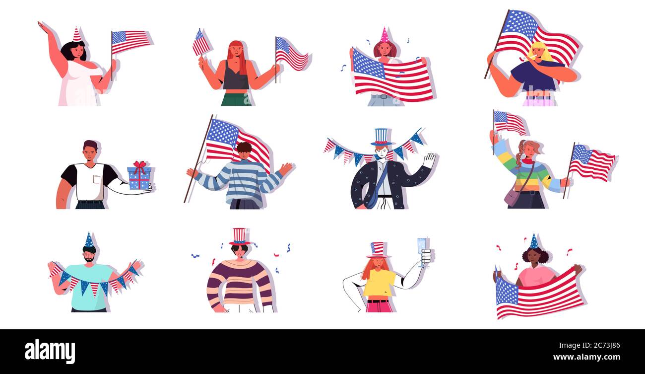 set persone che tengono usa bandiere mix razza uomini donne che celebrano il 4 luglio american indipendenza giorno concetto ritratto orizzontale vettore illustrazione Illustrazione Vettoriale