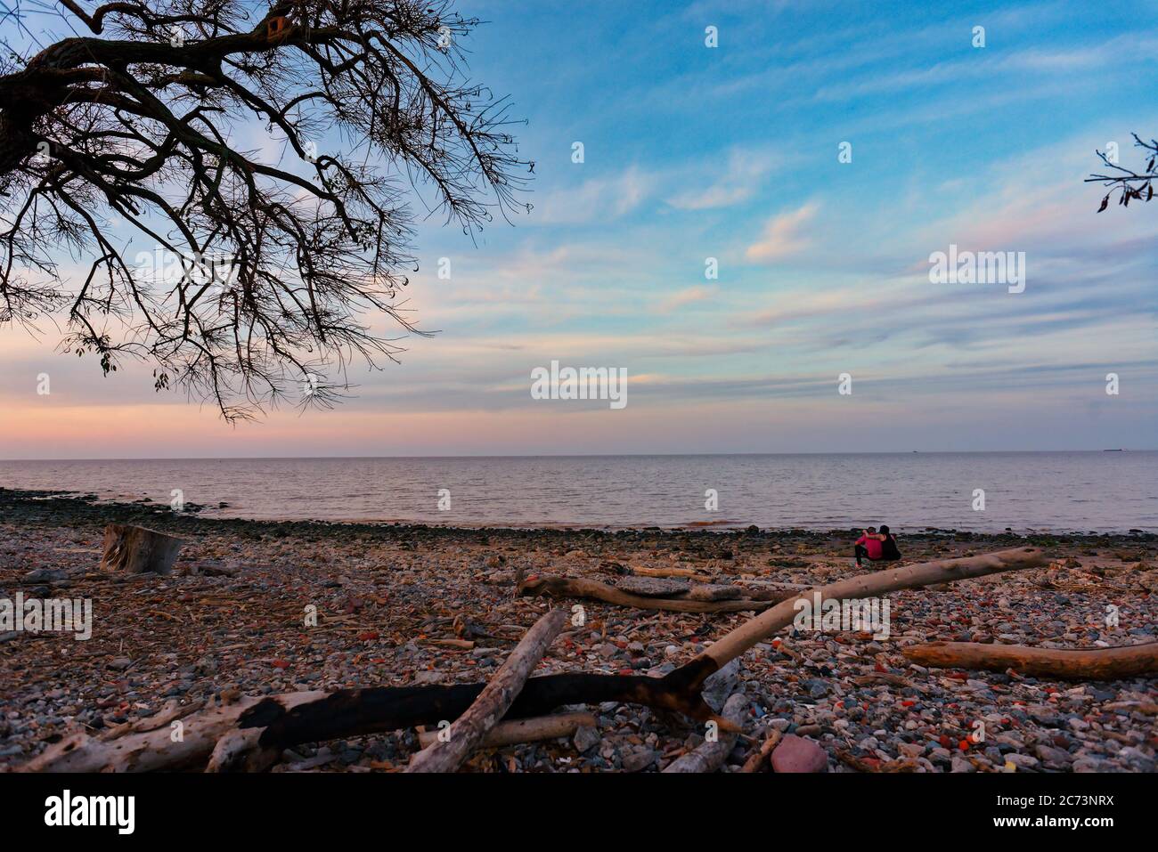 Tramonto vista panoramica sulla costa del mare. Riserva ecologica Costanera sur, Puerto Madero, Buenos Aires, Argentina Foto Stock