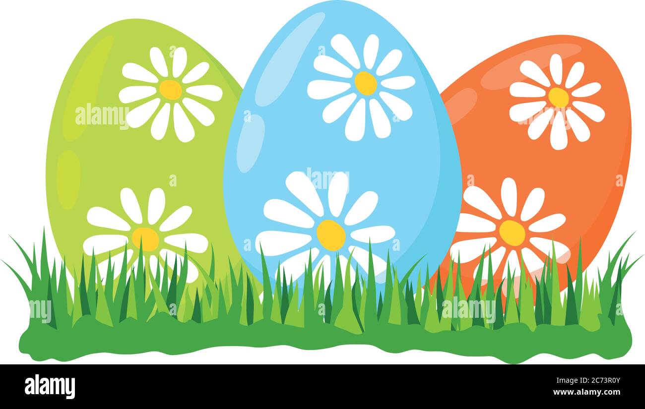 Tre uova dipinte giace in erba verde primavera. Blu e arancio decorato con fiori margherita, decorazione di Pasqua simbolo elemento di disegno, vettore piatto Illustrazione Vettoriale