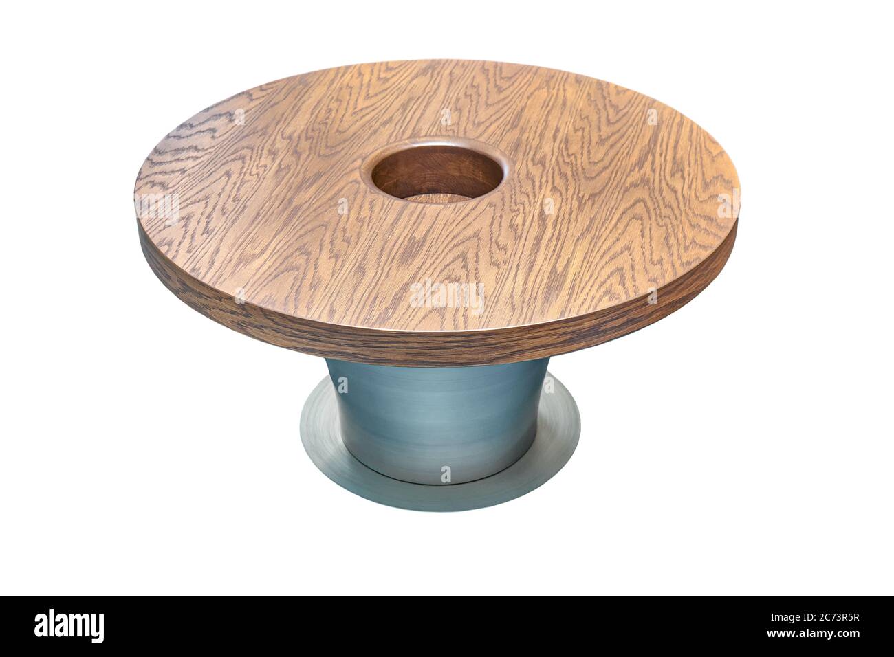 Tavolino da caffè in legno a forma di cerchio su sfondo bianco Foto Stock