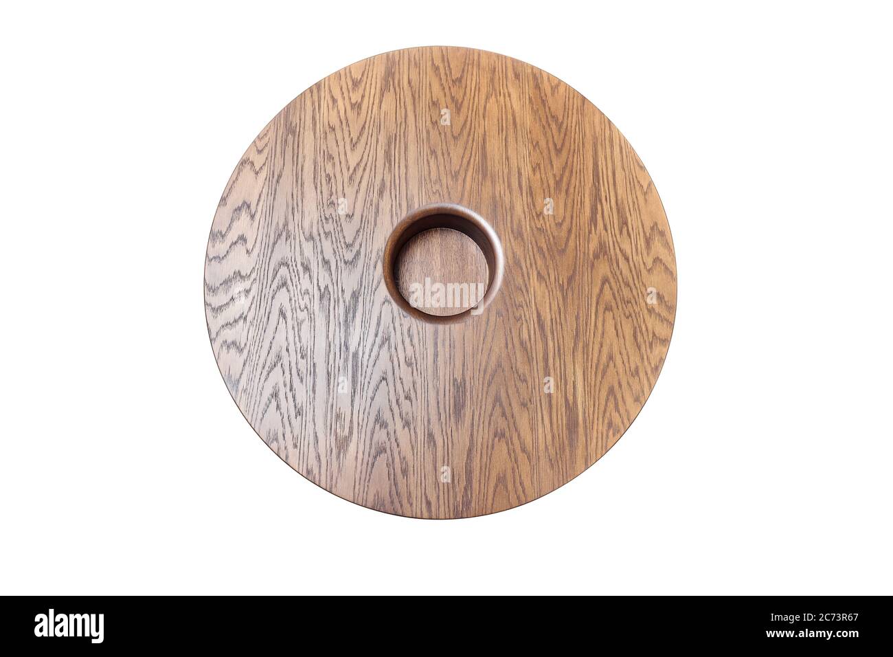 Tavolino da caffè in legno a forma di cerchio su sfondo bianco. Vista dall'alto Foto Stock