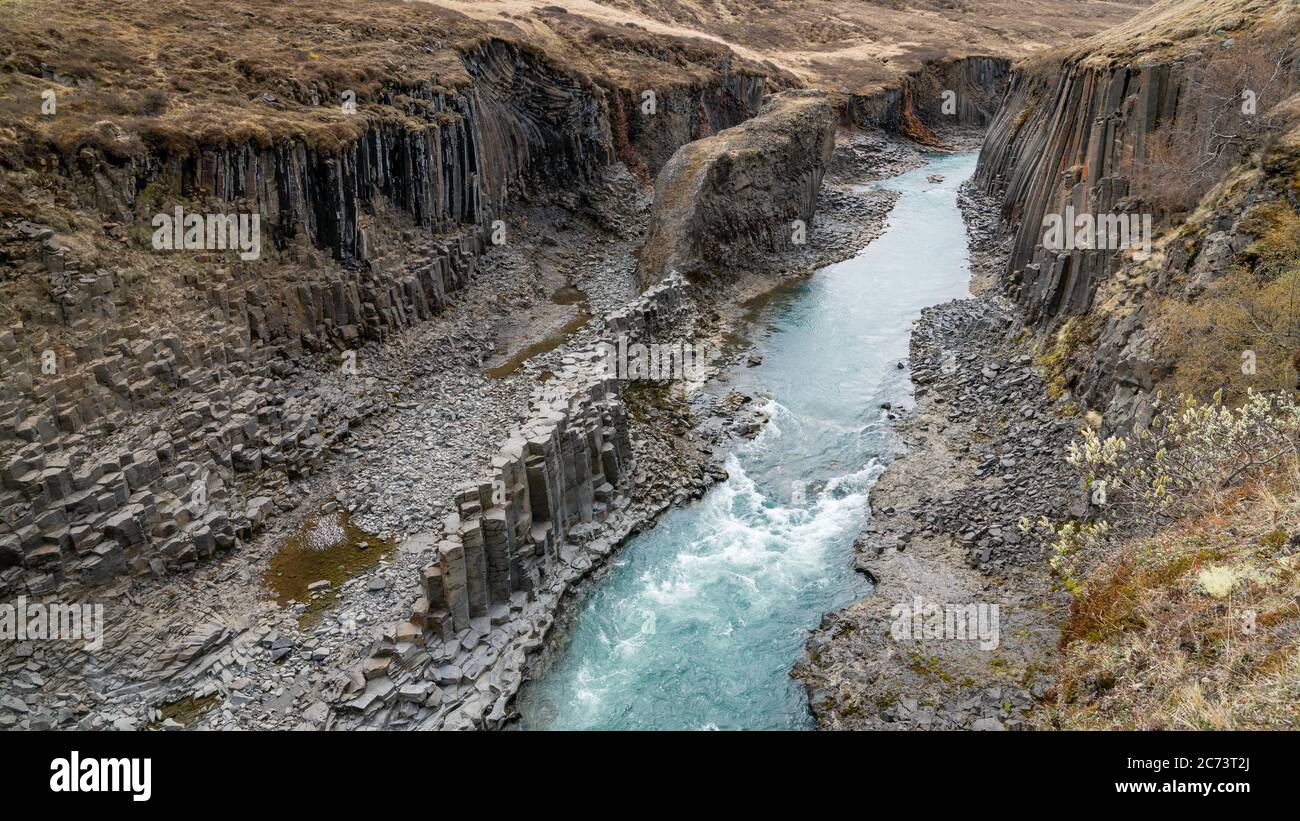 Studlagil canyon basalto, Islanda. Si tratta di una rara formazione di colonna di basalto vulcanico Foto Stock