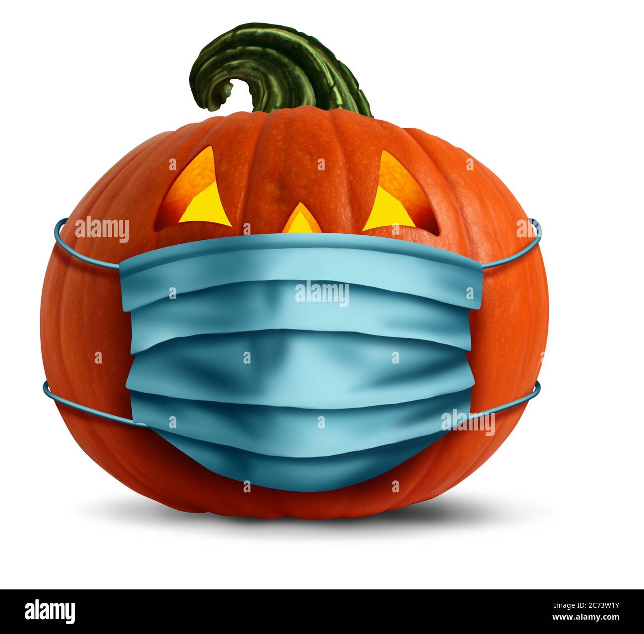 Maschera facciale di Halloween come una zucca jack o lanterna che indossa una maschera medica come simbolo autunnale per il controllo delle malattie e l'infezione da virus. Foto Stock