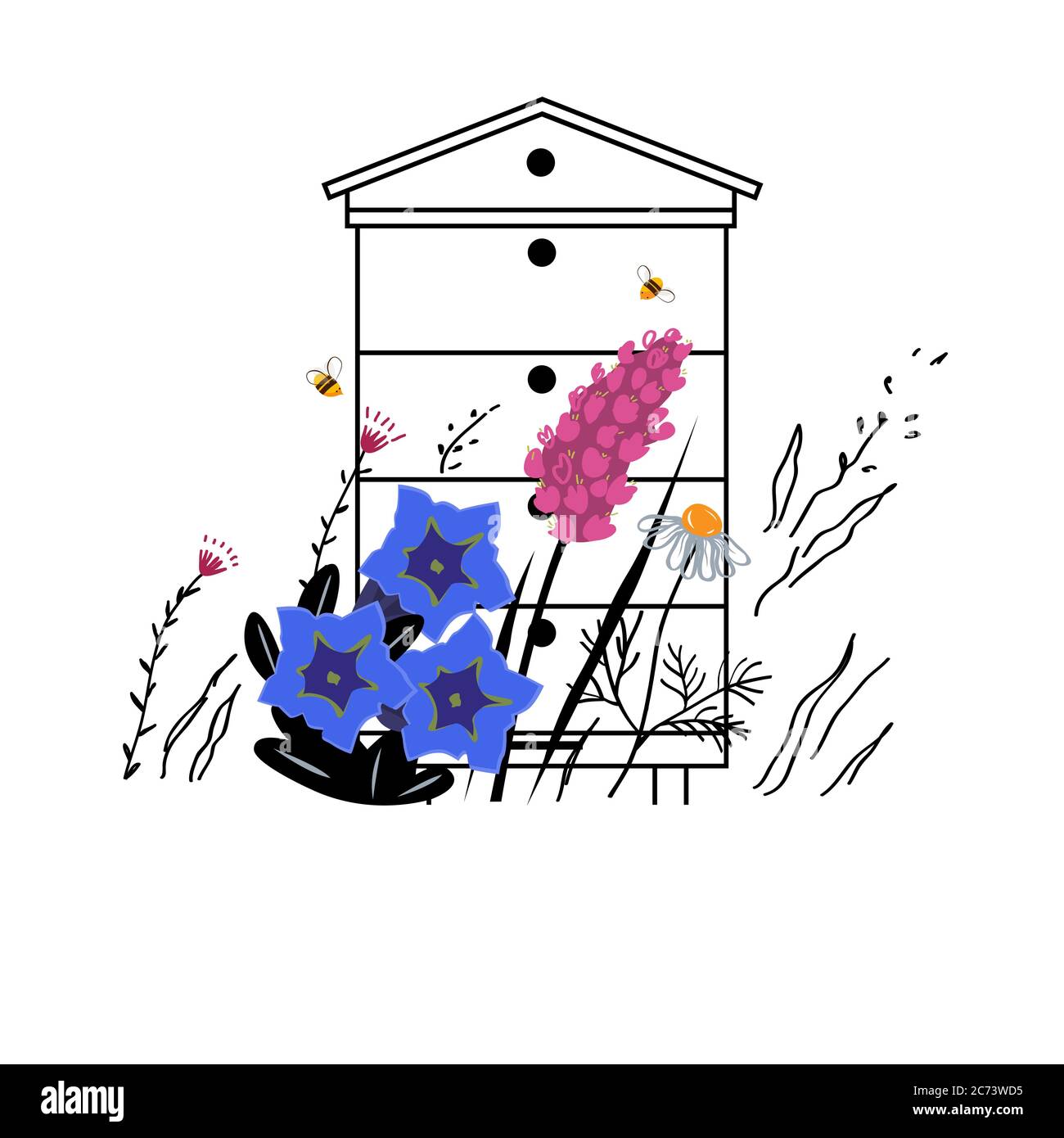 Illustrazione dello schizzo vettoriale dei fiori di montagna. Concetto di miele di prato alpino con alveare in estate. Concetto di Apiary. Fiori bellissimi e api affollati . Illustrazione Vettoriale